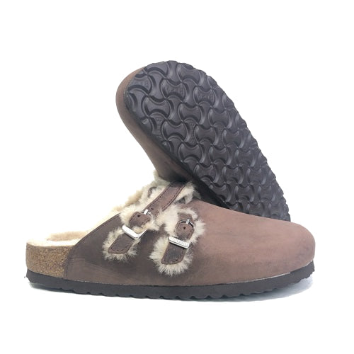 (WMNS) Birkenthtstock Blair Shearling Oiled Leather Sandals 'Brown' 1020390