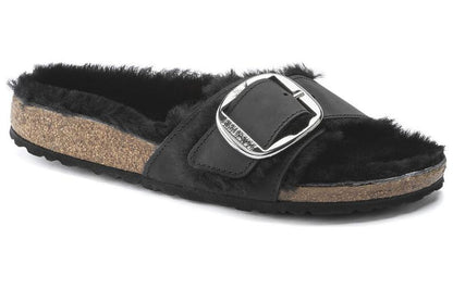 (WMNS) Birkenthtstock Madrid Big Buckle Shearling Oiled Leather Narrow Fit Sandals 'Black' 1020136