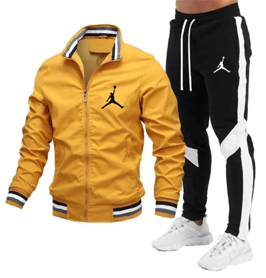 New Men's Jacket Set Casual Set Spliced Pants Baseball Stand Neck Jacket High Quality Jacke