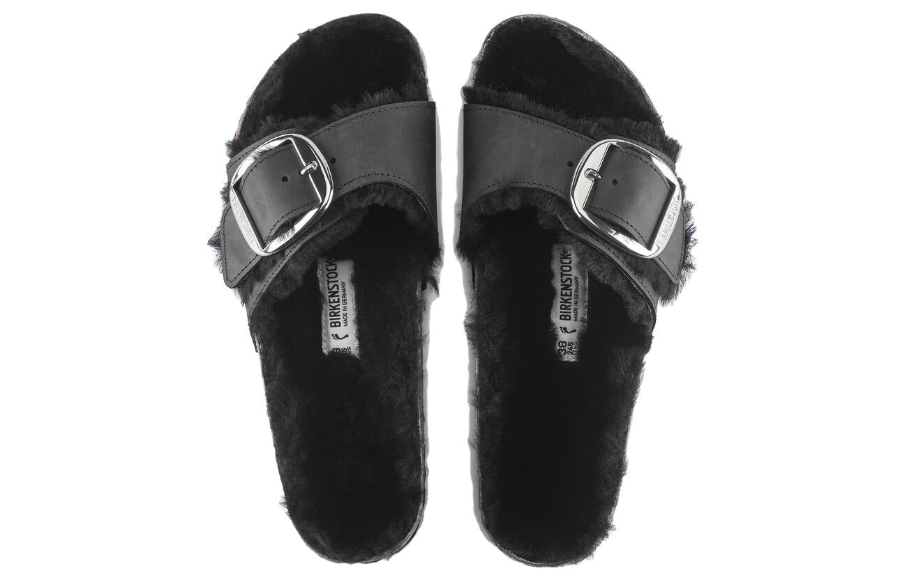 (WMNS) Birkenthtstock Madrid Big Buckle Shearling Oiled Leather Narrow Fit Sandals 'Black' 1020136