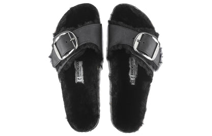 (WMNS) Birkenthtstock Madrid Big Buckle Shearling Oiled Leather Narrow Fit Sandals 'Black' 1020136
