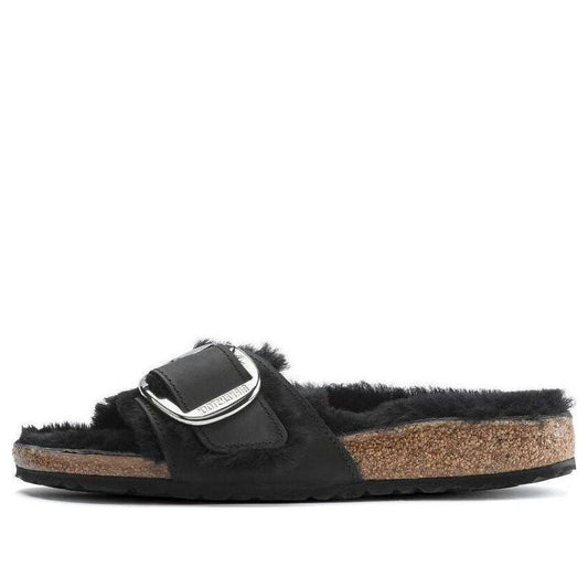 (WMNS) Birkenthtstock Madrid Big Buckle Shearling Oiled Leather Narrow Fit Sandals 'Black' 1020136